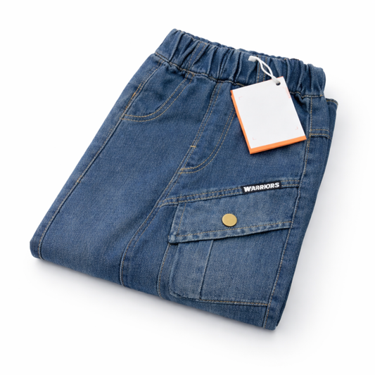Boys Dark Blue Washed Denim Cargo Pants