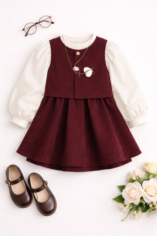 Girls Burgundy Pinafore Dress Set with Full Sleeve Inner