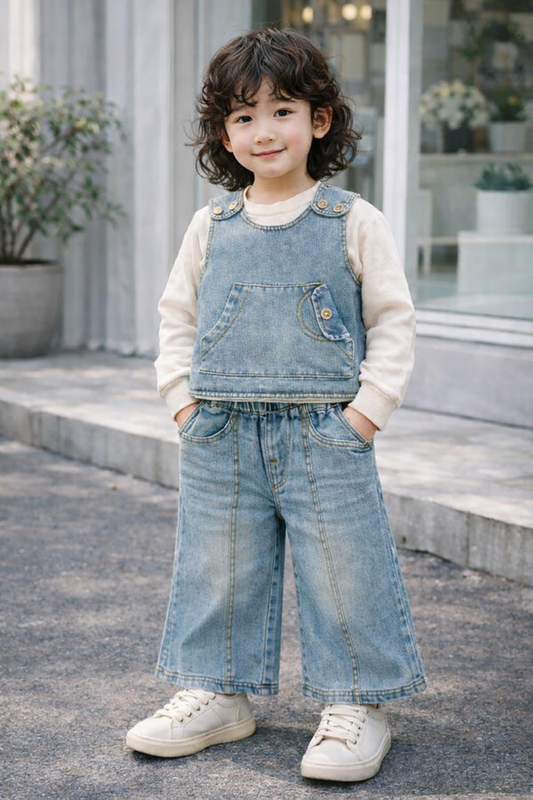 Kids Denim Dungaree Set with Full Sleeve T-Shirt & Flared Jean