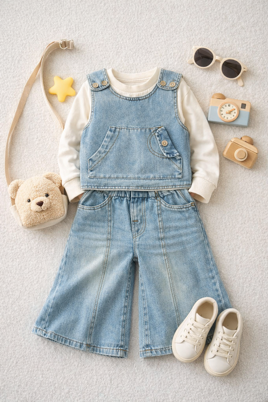 Kids Denim Dungaree Set with Full Sleeve T-Shirt & Flared Jean