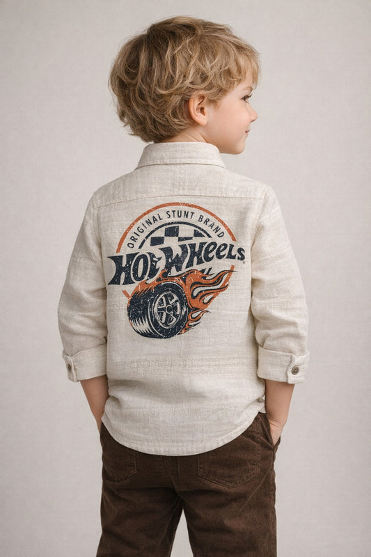 Boys Beige Printed Cotton Shirt Set