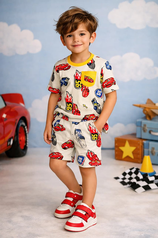 Toddler Boys Cream Cartoon Car Print Nightwear