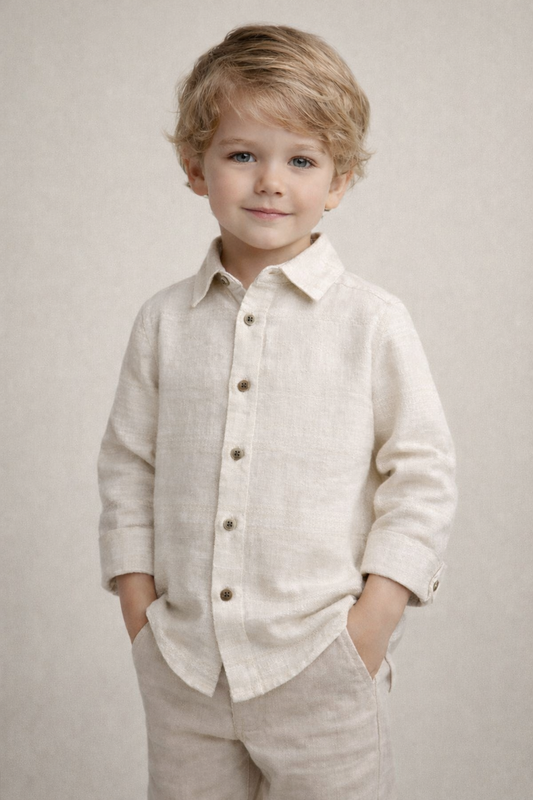 Boys Beige Printed Cotton Shirt Set