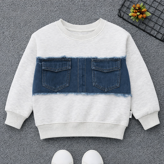 Grey Sweatshirt with Denim Chest Panel & Pocket Detail