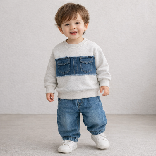 Grey Sweatshirt with Denim Chest Panel & Pocket Detail