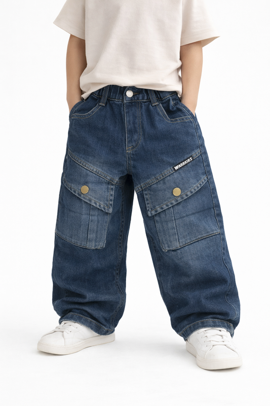 Boys Dark Blue Washed Denim Cargo Pants