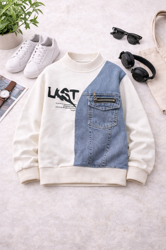 Kids Half Denim Patch Sweatshirt