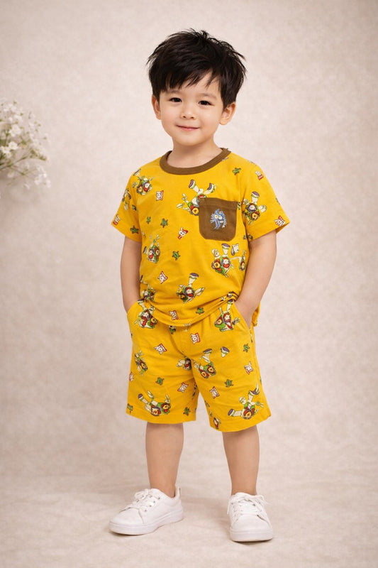 Kids Yellow Printed Cotton Night Dress Set (T-Shirt & Shorts)