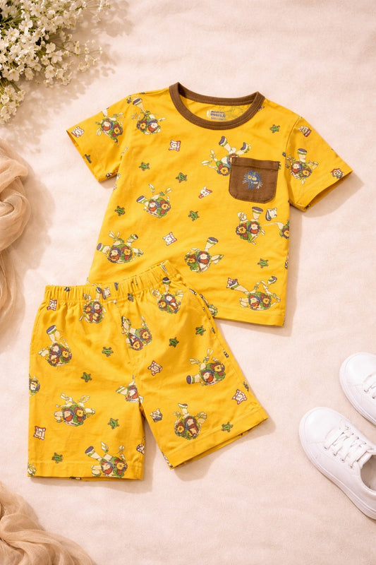 Kids Yellow Printed Cotton Night Dress Set (T-Shirt & Shorts)