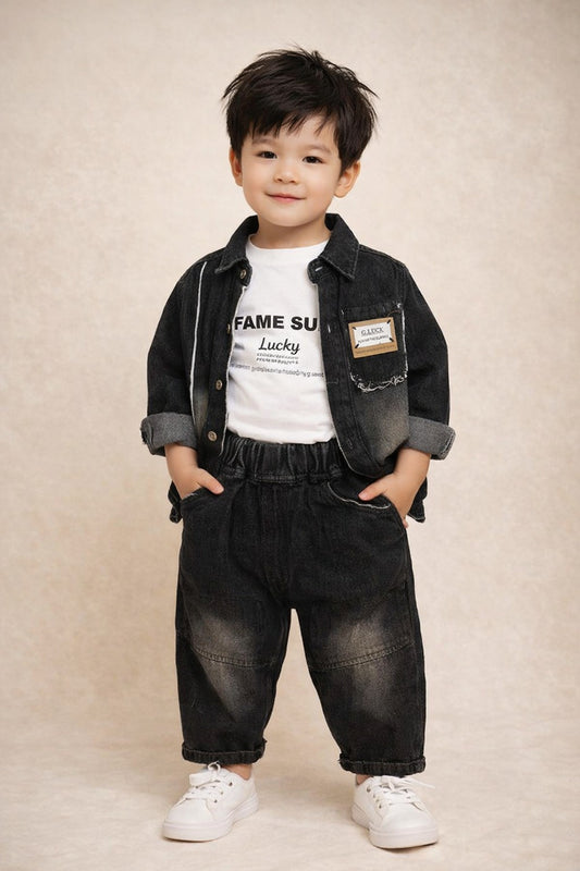 Boys Black Denim Outfit Set – Jacket, T-Shirt & Elastic Waist Pants