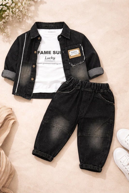 Boys Black Denim Outfit Set – Jacket, T-Shirt & Elastic Waist Pants