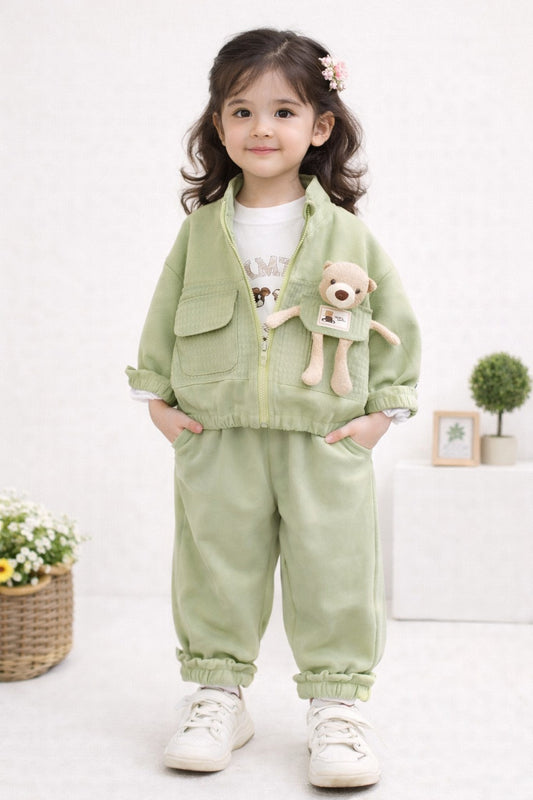 Kids Mint Green Jacket & Jogger Set with Teddy Detail