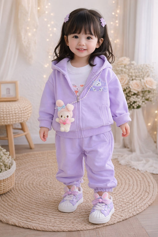 Kids Lavender Zip-Up Hoodie & Jogger Set with Cute Pouch – Girls Casual Outfit