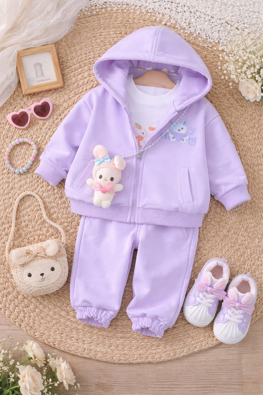 Kids Lavender Zip-Up Hoodie & Jogger Set with Cute Pouch – Girls Casual Outfit