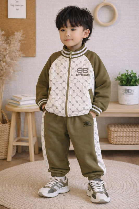Kids Olive Green Zip-Up Jacket & Jogger Outfit Set