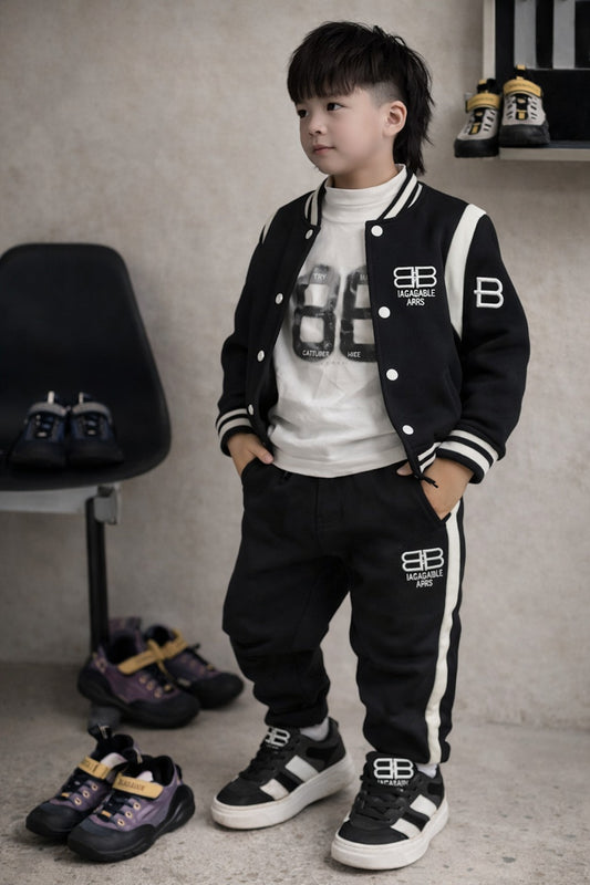 Kids Black Varsity Jacket Co-Ord Set with Joggers & Graphic Tee