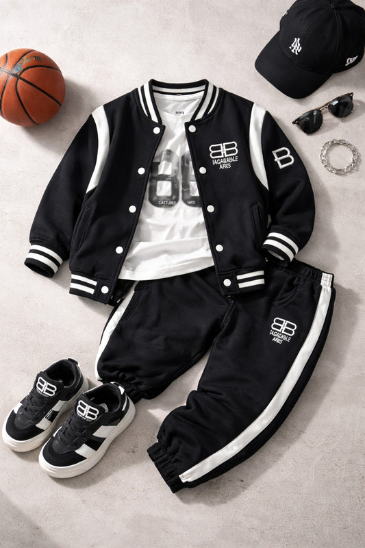 Kids Black Varsity Jacket Co-Ord Set with Joggers & Graphic Tee