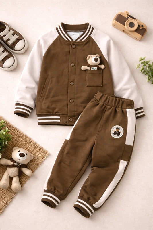 Boys Brown Teddy Patch Jacket & Jogger Set