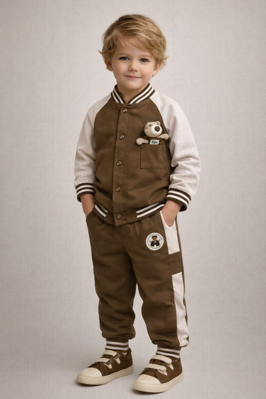 Boys Brown Teddy Patch Jacket & Jogger Set