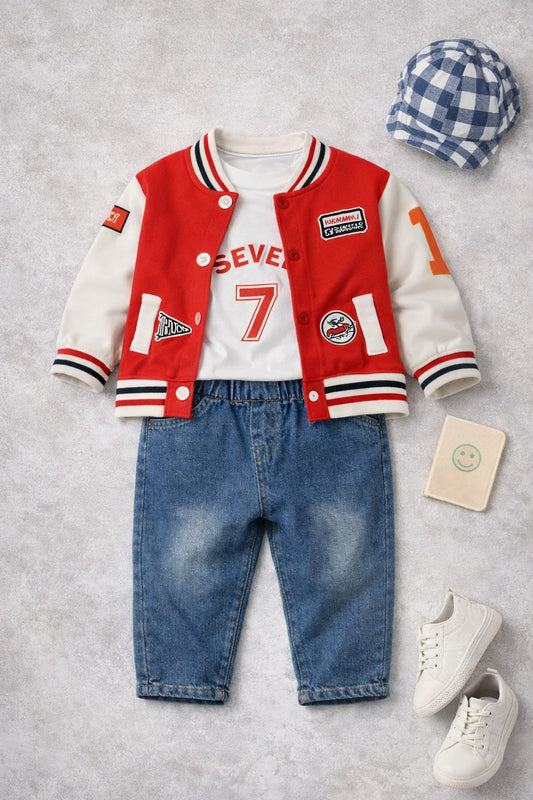 Boys Red Varsity Jacket with T-Shirt & Denim Jeans