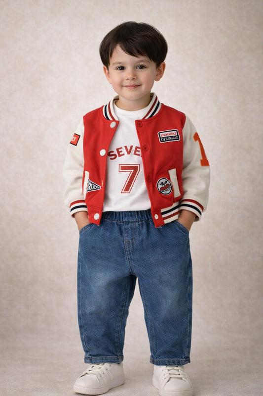 Boys Red Varsity Jacket with T-Shirt & Denim Jeans