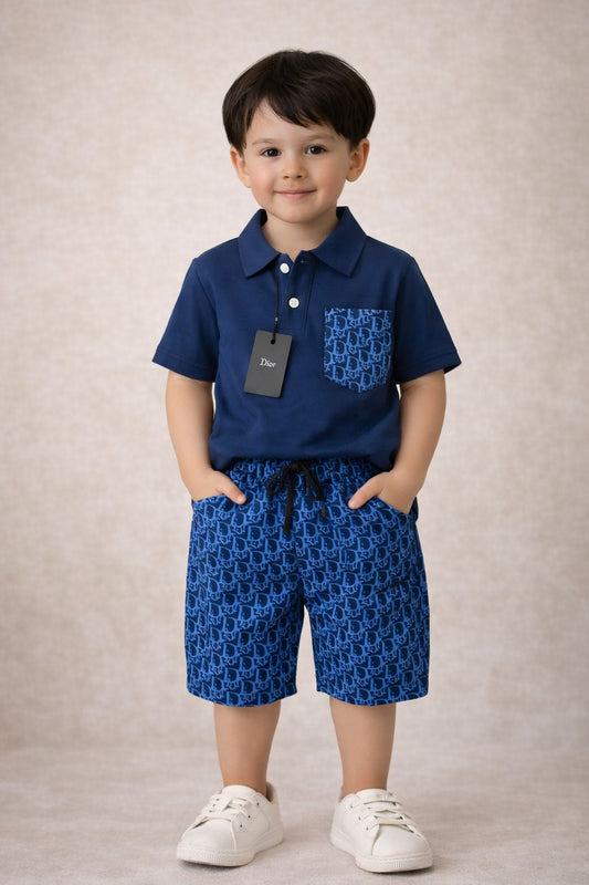 Kids Summer Polo T-Shirt & Printed Shorts Set – Navy Blue