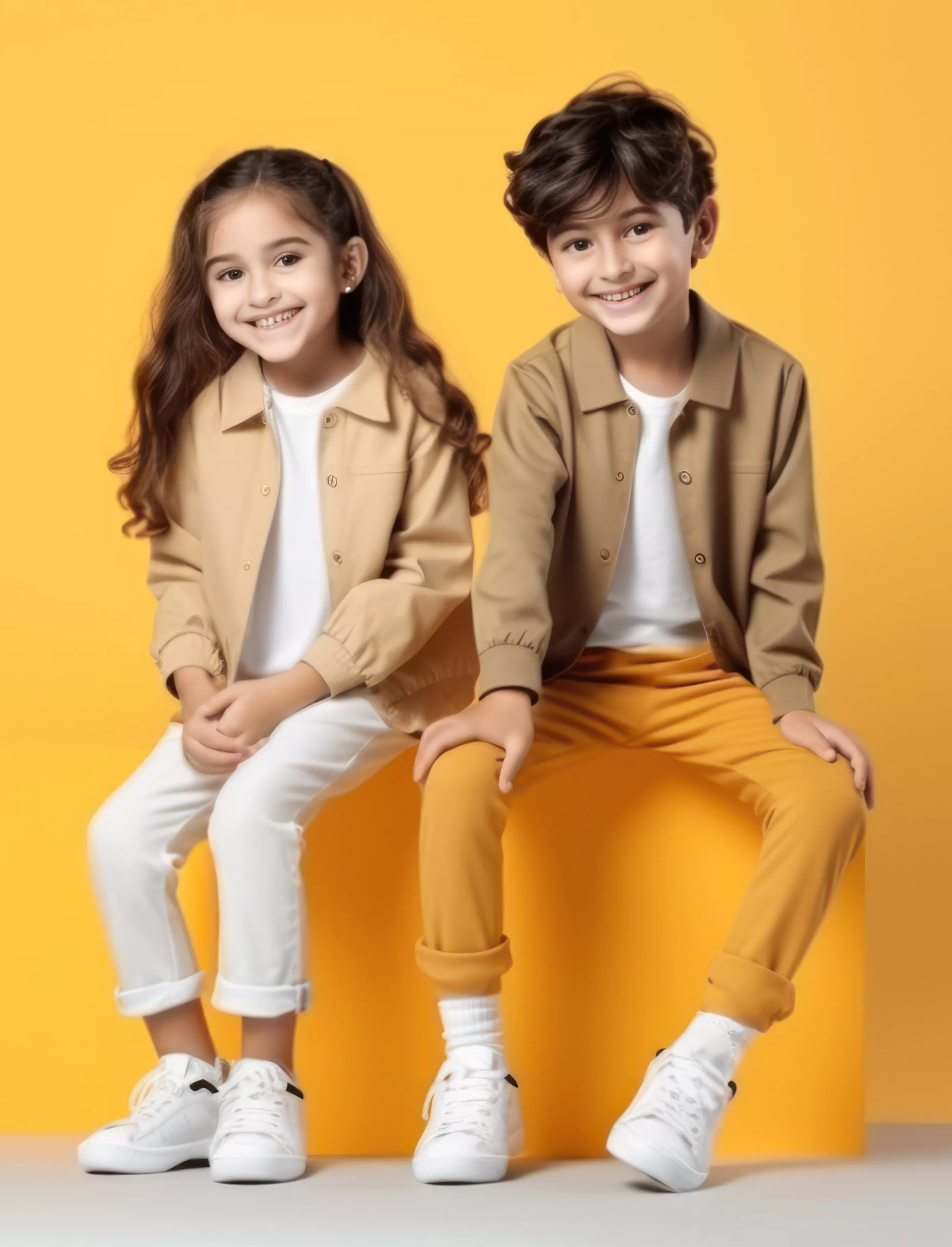 Two children sitting on a yellow block against a yellow background